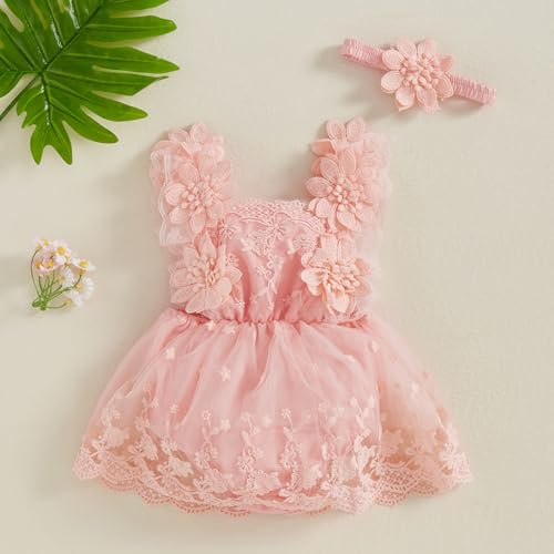 Toddler Baby Girl Summer Dress Sleeveless Lace Tulle One Piece Mesh Skirt Hem Jumpsuits with Headband3
