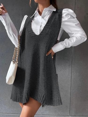 Image of Zeagoo Womens Sweater Vest Dress Pattern Knitted Pullovers Sweaters V Neck Tank Sweater Dress with Pockets