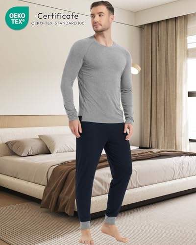 Image of NACHILA Mens Pajamas Set Long Sleeve Henley Sleepwear Top Soft Jogger Pants Pajamas Cool Pjs Set,Viscose Made from Bamboo