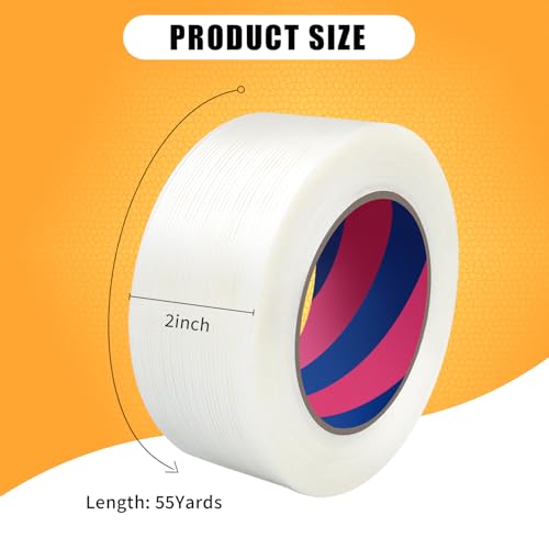 Image of Filament Strapping Tape, 2 Inch x 55 Yards, Mono Fiberglass Transparent Reinforced Packing, Heavy Duty Wearproof Tape for Packing and Shipping