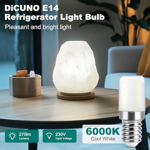 Image of DiCUNO E14 LED SES LED Fridge Bulb, 3W (30W Halogen), Cool White 6000K, 300LM, Non-Dimmable E14 Small Edison Screw Lamps for Home Lighting /Refrigerator /Cooker Hood /Night Light, Pack of 2