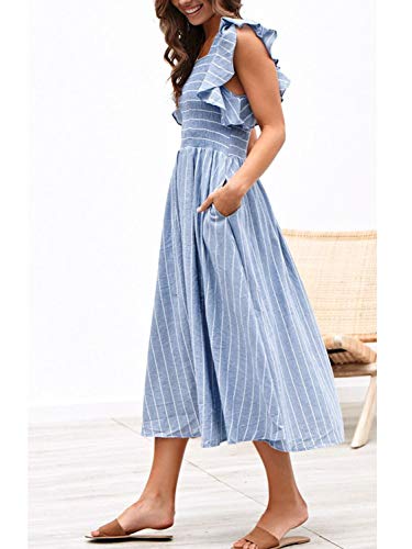 Miessial Womens Casual Summer Midi Dress Short Sleeve Smocked Linen Dresses 2025 Boho Beach Wedding Guest Dress with Pockets2