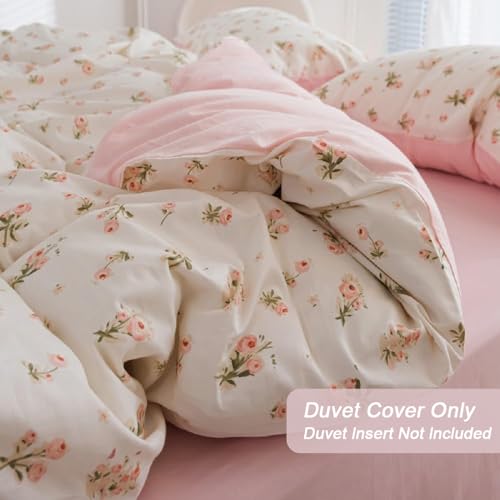 Image of Floral Duvet Cover Set King Size,Pink Floral Flowers Bedding Duvet Cover King with Zipper Closure,Reversible Comforter Duvet Cover and 2 Pillowcases
