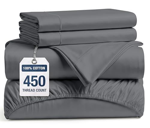 Image of LANE LINEN King Size Bed Sheets Set - 450 Thread Count Sateen Weave for Smooth & Silky Feel On Skin - Breathable 100% Cotton Sheets for Single Beds - Fits Mattresses Upto 15'' Deep - Charcoal