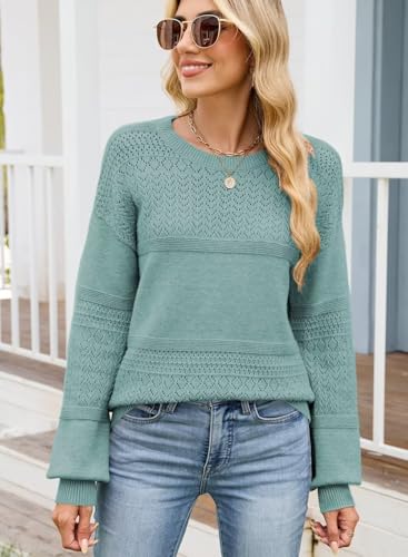 Image of JOCAFIYE Sweaters for Women Cute Casual Long Sleeve Tops Stylish Comfy Daily Crewneck Solid Pullover Jumpers Tops Oversized Comfy Ribbed Cable Knit Drop Shoulder Sweaters Light Blue X-Large