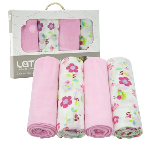 LAT Set 4 Pezzi Mussole Cotone per Neonato, 70x80cm Panni in Mussola per Neonato, Morbido e Traspirante Teli in Mussola Copertina Cotone per Neonati (Fiore+Rosa)