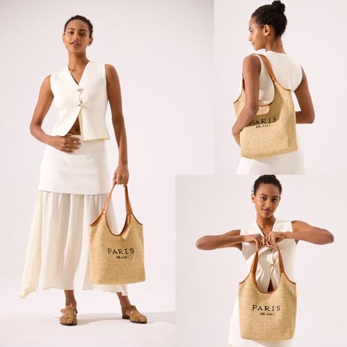 Bolso Tote de paja para mujer con cartera desmontable miniatura 2
