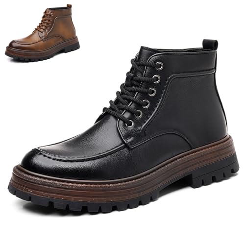 Men's Leather Comfort Lace-up Platform Low Chunky Heel Chukka Boots Four Seasons Retro Round Toe Lug Sole Block Heel Oxford Boots Casual Riding Motorcycle Boots