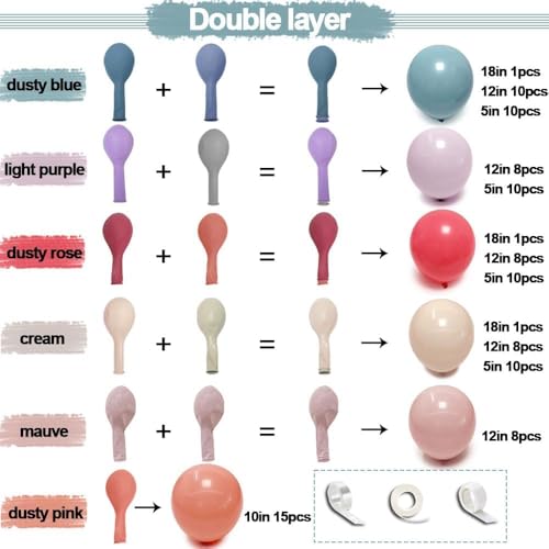 Image of Pastel Balloon Garland Double Stuffed Dusty Pink Blue Cream Balloon Light Purple Pink Nude Latex Balloons Arch Kit for Wild Flower Gender Reveal Baby Shower Tea Birthday Decorations