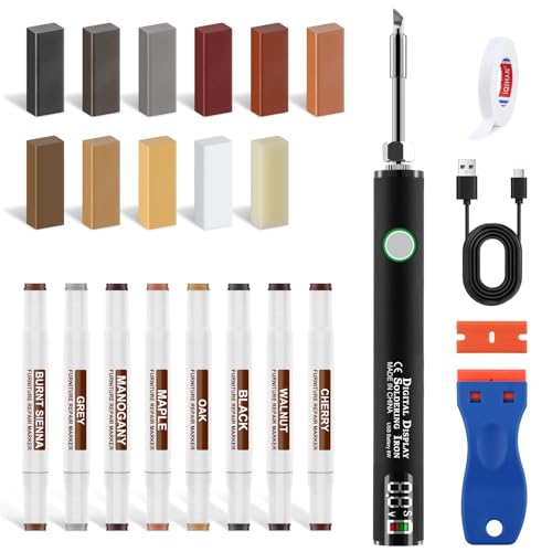Laminat Reparaturset, Holz Vinyl Parkett Reparaturset Upgrade-Schmelzwerkzeug11 Farben Hartwachs 8 Doppelspitzen-Marker für Möbel Arbeitsplatten Repariert Kratzer,Löcher,Risse,Dellen in Möbeln,Böden