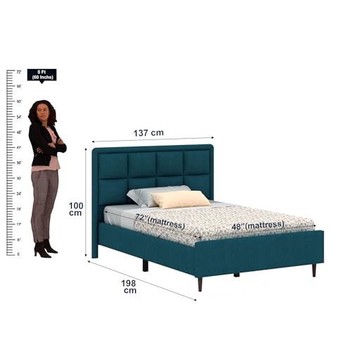 Image of Ganpati Arts Solid Sheesham Wood Louis Upholstered Single Size Bed Without Storage | Modern Design Wooden Single Bed Cot Palang Furniture for Bedroom, Guest Room, Hotels and Home (Teal, 4 Ft)