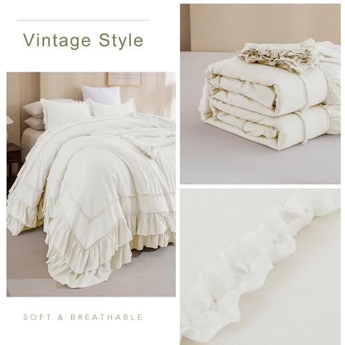 Image of QSH Oversized King Ruffle Comforter 128x120,3PCs Ivory Farmhouse Lightweight Ruffled Bed Comforter Set Soft Microfiber Shabby Boho Chic California King Bed Comforter Set French Country Bedding