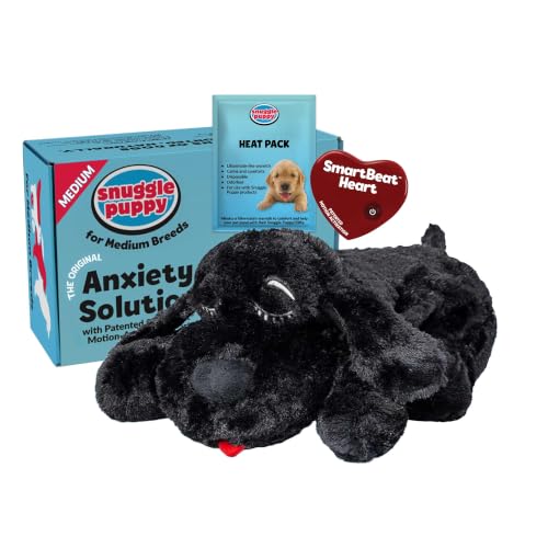 Image of Snuggle Puppy Heartbeat Dog Toy for Puppies, Real-Feel Heartbeat, Calming Sleep Aid and Crate Training Comfort Toy with Heat Pack, Black Plush Design | Calming heartbeat toy, crate training comfort, heat pack, new puppy essentials, first nights, sleep, medium breeds 25-70 lbs