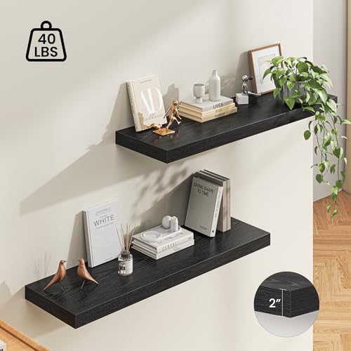 Image of Dreamland 48 inch Floating Shelves for Wall, 12 inch Deep Thicker Black Floating Shelves, Wall-Mounted Shelves for Bedroom, Living Room, Kitchen, Bathroom - Set of 2