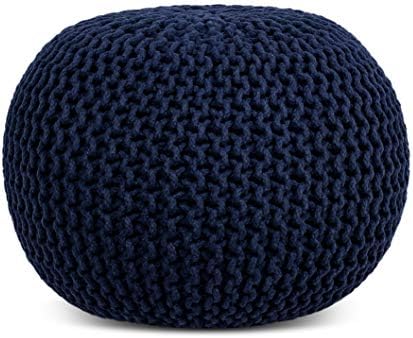 BIRDROCK HOME Round Pouf Foot Stool Ottoman - Knit Bean Bag Floor Chair - Cotton Braided Cord - Great for The Living Room, Bedroom and Kids Room - Small Furniture (Navy)
