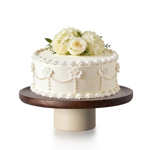 CEEFU 11 inch Rustic Acacia Wood Cake Stand - Natural Wooden Clay Wedding Cake Pedestal Se...