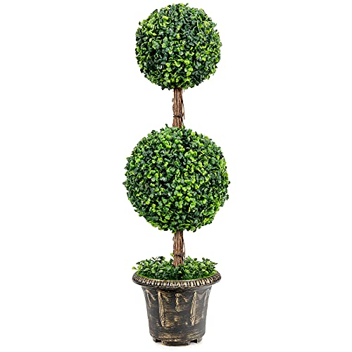 Goplus 3 Ft Artificial Boxwood Topiary Tree, Fake Greenery Plants Ball Tree, Leaves & Cement-Filled...
