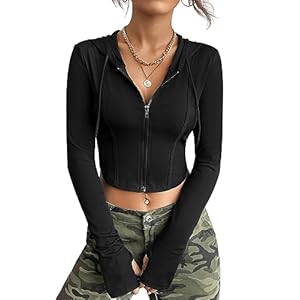 GORGLITTER Crop Jacke Damen Bauchfrei Jacke Mit Kapuze Sweatjacke Kurz Kapuzenpullover Mit Reißverschluss Hoodie Jacke