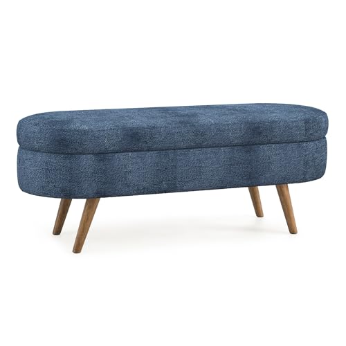 Image of ECLYL Oval Storage Bench 43.5 inch Linen Fabric Upholstered Entryway Bench with Solid Wood Legs Ottoman Bench Indoor Bench for Living Room /Bedroom /End of Bed /Entryway (Blue)