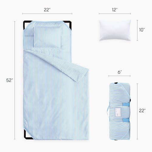 Image of Wake In Cloud - Cot Nap Mat with Pillow and Blanket, 100% Cotton Fabric, for Toddler Kids Boys Girls Ages 3 Plus in Daycare Kindergarten Preschool, Ticking Stripes