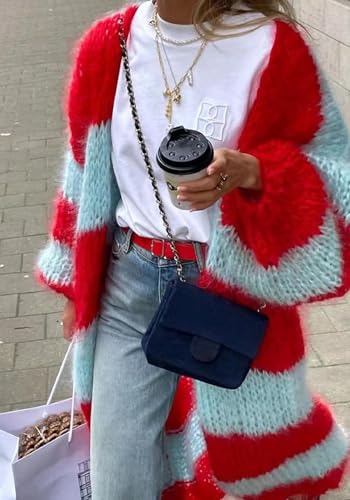 Women's Color Block Striped Long Cardigan Sweaters Open Front Oversized Chunky Knit Slouchy Loose Sweater Coat2