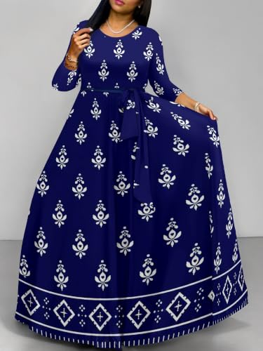 Image of Women Plus Size Long Sleeve V Neck Maxi Dress with Belt | Soft fabric relaxed fit three quarter sleeve v neck with pockets for party and daily wear