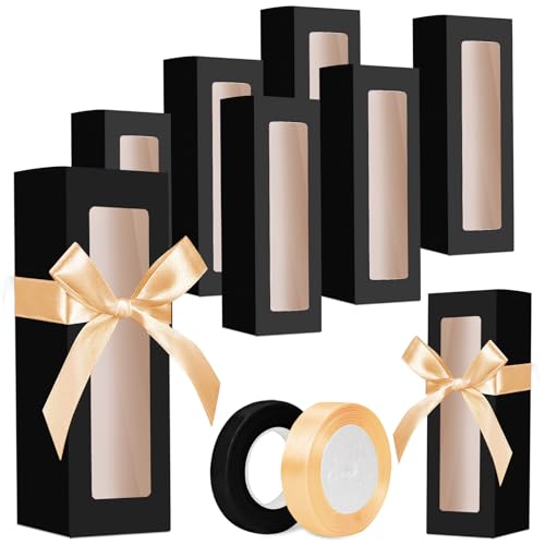 meiqidi 8 Pcs Tumbler Gift Box Tumbler Boxes with Ribbon and Window Large Black Gift Box for 12oz/16oz/20oz Tumbler 9.6x3.35x3.35 Inch