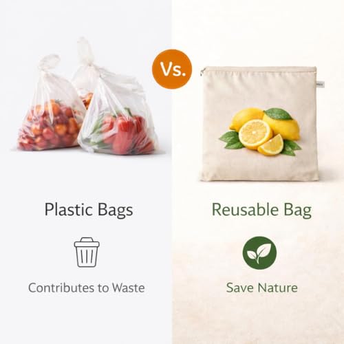 Image of Reusable Cotton Vegetable Storage Bags with Zipper Eco Friendly Washable Produce Bags for Fridge Kitchen Organizer Food Storage Pouches (Pack Of 10)