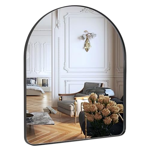 Image of ANDY STAR Arched Mirror, 30 x 36 Inch Black Wall Mirror in Stainless Steel Metal Frame, Arch Top Rounded Corner 1 Inch Deep Set Design Wall Mount Hangs Vertical