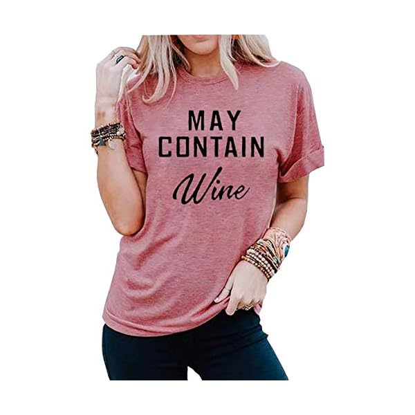 May Contain Wine T Shirt Alcohol Shirts Womens Letter Print Tops Funny Drinking Shirt Casual Short Sleeve Graphic Tees Top (Pink, S)