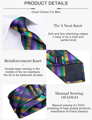 Image of DiBanGu Plaid Ties for Men Silk Checkered Necktie and Pocket Square Cufflinks Tie Clip Set with Gift Box for Wedding Business