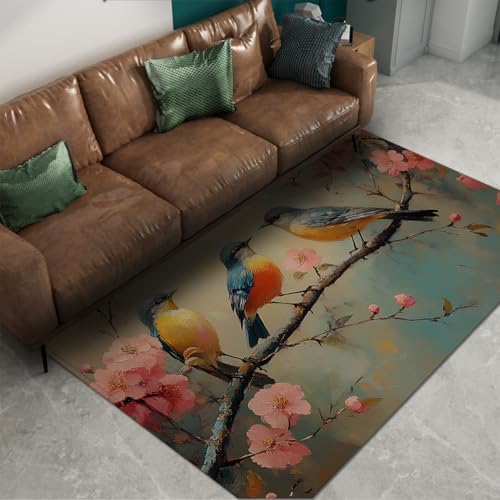 Tapis élégant oiseaux et branches de cerisier 160x230cm aux finitions haut de gamme