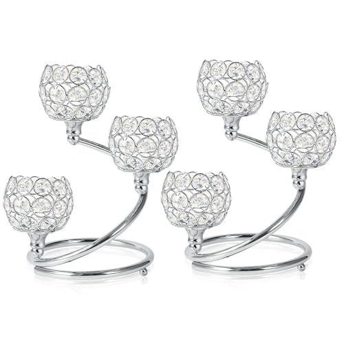 KEHAIL Metal Crystal Candle Holder Set of 3 - Elegant 5-Arm Metal Tea Light Centerpiece with Shining Crystal Bowl, Wedding Anniversary Table Decor for Dining, Party (Silver, 2 Pcs 3 Arm)