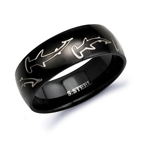 Kriskate & Co. 8mm Black Plated Stainless Steel Ring with Engraved Hammerhead Shark Design (10)