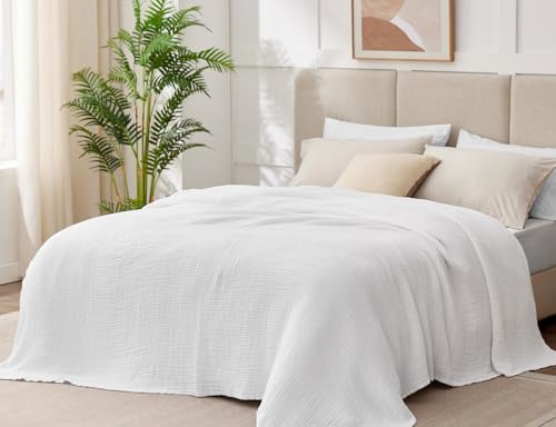 Image of 100% Cotton Muslin Blanket King 108 inch x 90 inch, 6 Layers Breathable and Lightweight Cotton Throw Blanket for Bed, Soft Quilt Bedspread Coverlet, Gauze Blanket for Adults All Season, White