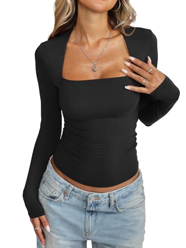 Womens Double Lined Long Sleeve Tops Sexy Square Neck Shirt Going Out Tops Fitted Y2K Fashion Fall Tees 20252
