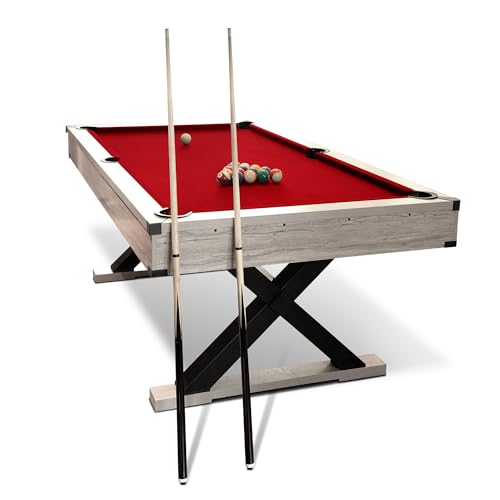 7 FT Pool Table, Billiard Table with 2 Cue Sticks, Billiard Balls, Cues, Cleaning Brush, X-Legs, Black Cloth, Rustic Grey, 84' L x 46.5' W x 32.7' H
