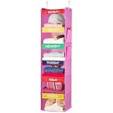 Weekly Clothes Organizer for Kids - 6-Shelf - Hanging Closet Daily Clothing Organization Labeled Shelves with Days of The Week Monday Through Friday, Weekday and Weekend (Pink)