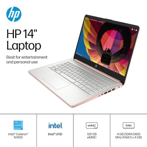 Image of HP 2024 Stream 14 inch HD Thin and Light Laptop, Intel Celeron N4120, 16GB RAM, 128GB eMMC Storage, Long Battery Life, HD Webcam, HDMI, Rose Gold, Office 365 1-Year, Windows 11 S, 128GB Cuertns MicroSD