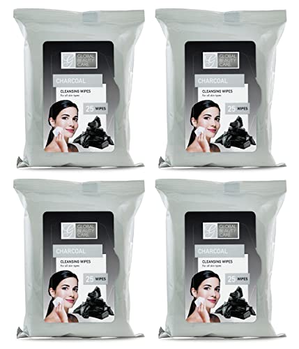 Global Beauty Care Bulk Cleansing Wipes Premoistened 4 Pack of Charcoal Cleansing Cloths Makeup Removal Wipes - Great For Travel Toiletries - 100 ct.(4-Pack)