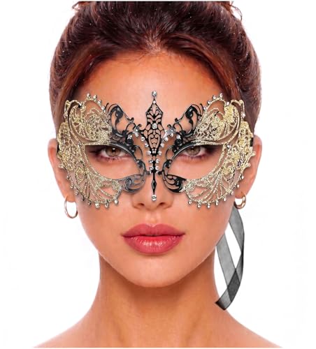 Image of Masquerade Mask for Women with Rhinestones - Elegant Metal Half Face Mask for Masquerade Parties, Mardi Gras, & Themed Events