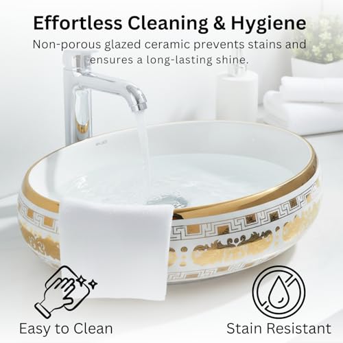 Image of Wallace Luxury Oval Table Top Wash Basin 60x40x15 cm | Royal Baroque Gold Pattern Ceramic Countertop Vessel Sink | Premium Vanity Basin for Bathroom, Hotel & Modern Interiors