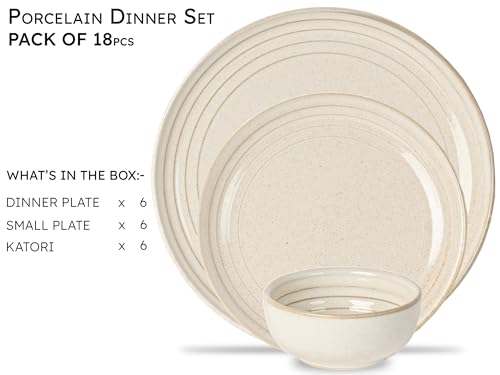 Image of Bodhi House Handcrafted Chip Resistance Porcelain Dinner Set, 18 Pieces Dish Set Serving for 6, Microwave and Dishwasher Safe, Bone-ash Free, Crockery Set for Dining and Gifting, Spanish White
