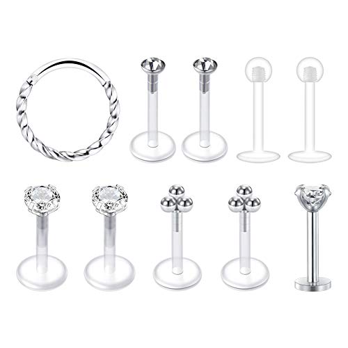 16G Acero inoxidable & Claro Bioflex Piercing Retenedores Piercing Nariz Hinged Seamless Clicker Segment Ring Piercing Oreja Tragus Helix Cartilago Aros Joyas