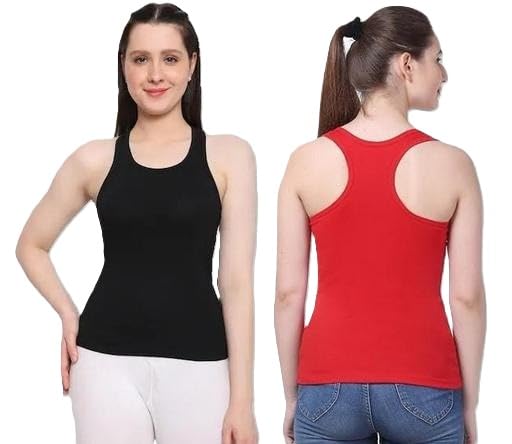 Women Cotton Blend Camisole Pack of 2 Black & Red Sleeveless Racerback Tank Top Spaghetti Inner Top for Girls & Women-image-23