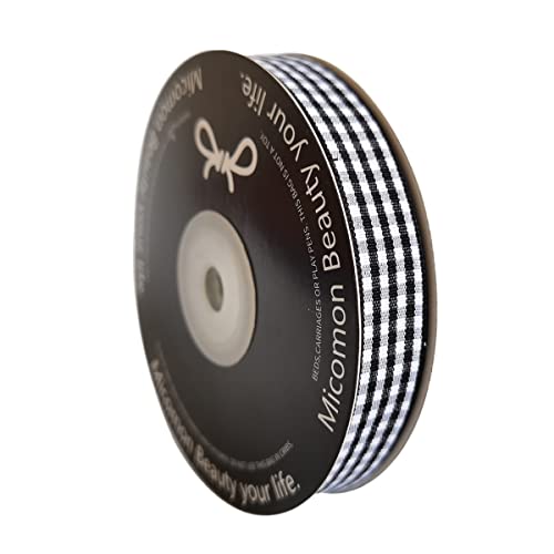 Micomon Black And White Wovon Edge Gingham Ribbon 25 Yard Each Roll 100% Polyester (5/8", Black) #TOP1