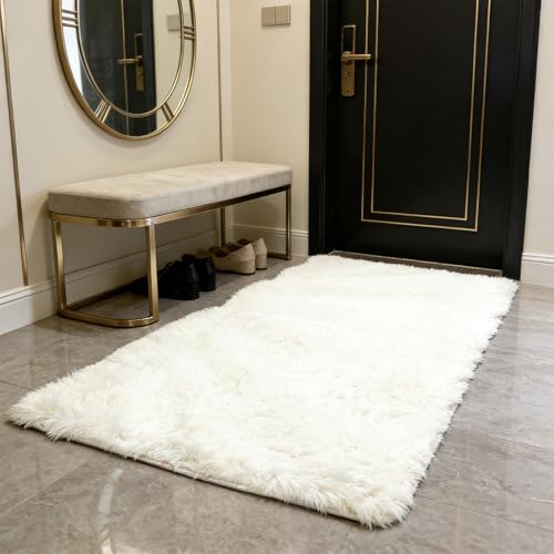 Tapis Salon 260x140 cm Blanc à Poils Longs Moelleux et Moderne - 2