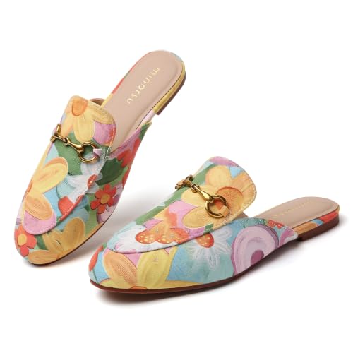 Image of Minorsu Buckle Mules for Women Flats Loafers Shoes for Work Office Business | Slip on,Round Toe,Backless,Slides, Casual