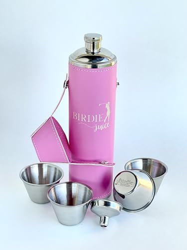 Birdie Juice Engraved Birdie Bottle 12oz Pink Flask with 4 Shot Glasses in Cap Stainless Steel with Waterproof Leather Case Leakproof Custom Flask