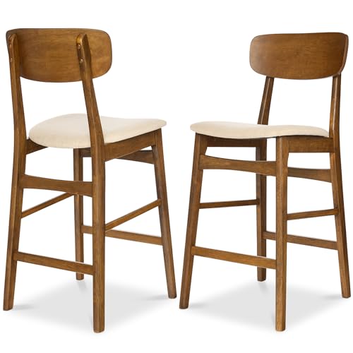 Best Choice Products Bar Stool Set of 2, Modern Farmhouse Counter Height Stools w/Upholstered Cushioned Seat, Wooden Curved Backrest - Walnut/Cream